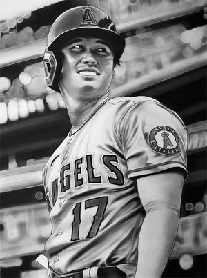 Ohtani Angels, black-and-white charcoal painting of Shohei Ohtani by Dave Hobrecht