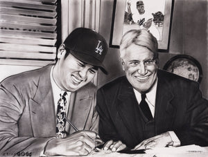 At Long Last, black-and-white charcoal painting of Shohei Ohtani signing with the Dodgers by Dave Hobrecht