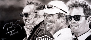 Commitment to Excellence, black-and-white charcoal painting of Al Davis, Mark Davis and Tom Brady by Dave Hobrecht