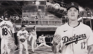 Diamonds from the East, black-and-white charcoal painting of Shohei Ohtani and Yoshinobu Yamamoto by Dave Hobrecht