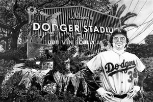 Fernando Remember Me, black-and-white charcoal painting of Fernando Valenzuela by Dave Hobrecht