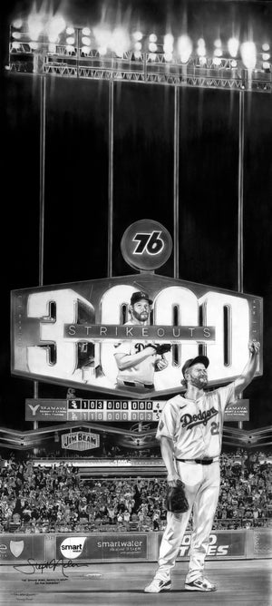 Kershaw 3000, black-and-white charcoal painting of Clayton Kershaw by Dave Hobrecht