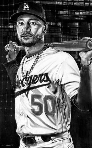 Mookie, black-and-white charcoal painting of Mookie Betts by Dave Hobrecht