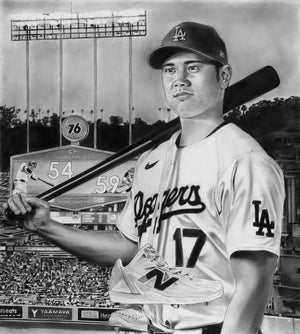 Ohtani 50/50, black-and-white charcoal painting of Shohei Ohtani by Dave Hobrecht