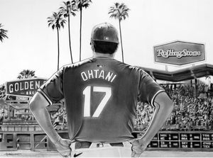 Ohtani Home Sweet Home, black-and-white charcoal painting of Shohei Ohtani at Angel Stadium by Dave Hobrecht