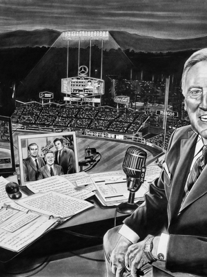The All-Time Vin, Vin Scully, charcoal and pastel painting by Dave Hobrecht