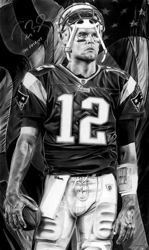 The Patriot, black-and-white charcoal painting of Tom Brady by Dave Hobrecht