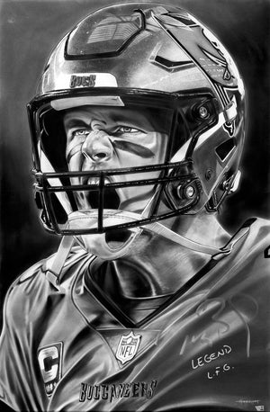 Tom Brady Bucs, black-and-white charcoal painting of Tom Brady by Dave Hobrecht