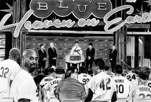 Welcome to Blue Heaven, black-and-white charcoal painting of Dodgers legends including Tommy Lasorda and Jackie Robinson by Dave Hobrecht
