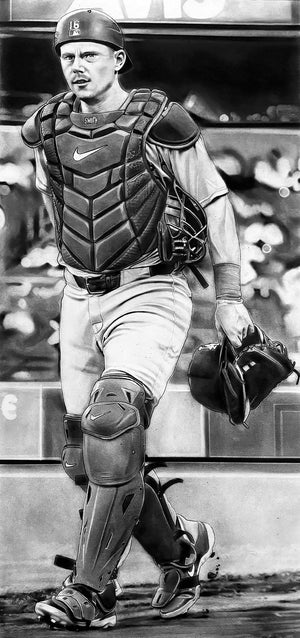 Will Smith, black-and-white charcoal painting of the Dodgers catcher by Dave Hobrecht