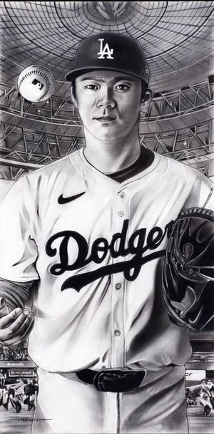 Black-and-white charcoal painting of Yoshinobu Yamamoto by Dave Hobrecht
